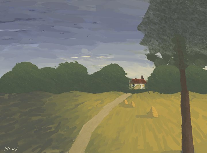 A harvested field under a slate storm sky: gold stubble half in cloud shadow, three hay stooks and a pale track curving to a small white farmhouse in a dark wood, with a dark oak framing the right edge.