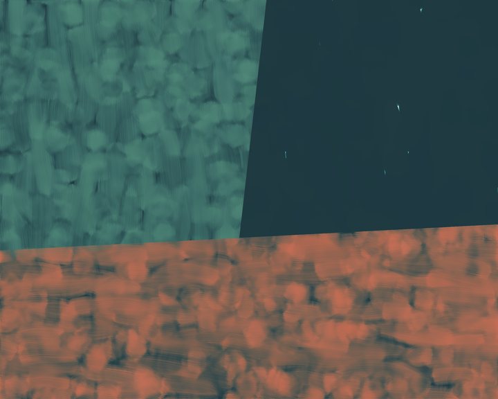 An abstract arrangement of teal and brick-red textured rectangles.