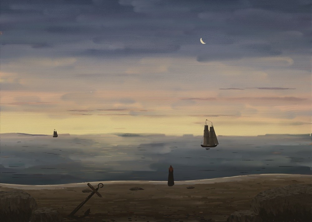 A dusk shore with a brig, a figure and an anchor (notes/fresh_painters.md:11).