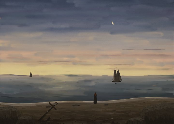 A dusk shore with a brig, a figure and an anchor (notes/fresh_painters.md:11).