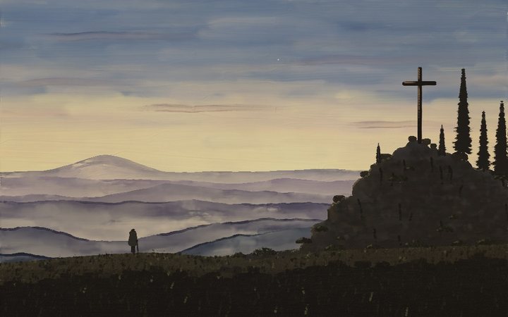 A cross on a rock with firs and a wanderer (notes/fresh_painters.md:10-11).