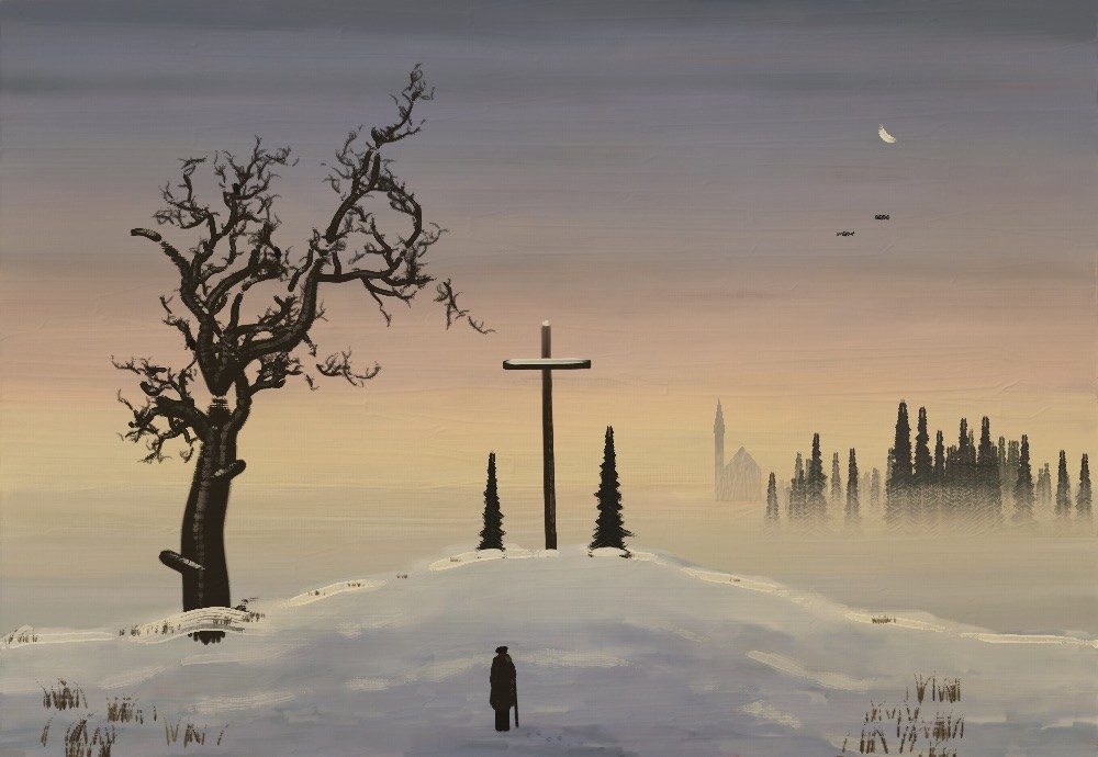 A winter cross with a dead oak, spruces, a figure seen from behind and a church in fog (notes/fresh_painters.md:11-12).