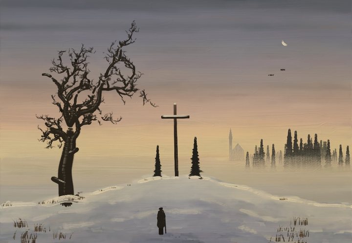 A winter cross with a dead oak, spruces, a figure seen from behind and a church in fog (notes/fresh_painters.md:11-12).