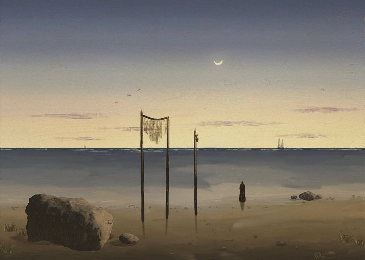 Before sunrise: fishermen's poles with a drying net, an erratic boulder, a woman at the water's edge, a brig on the horizon.