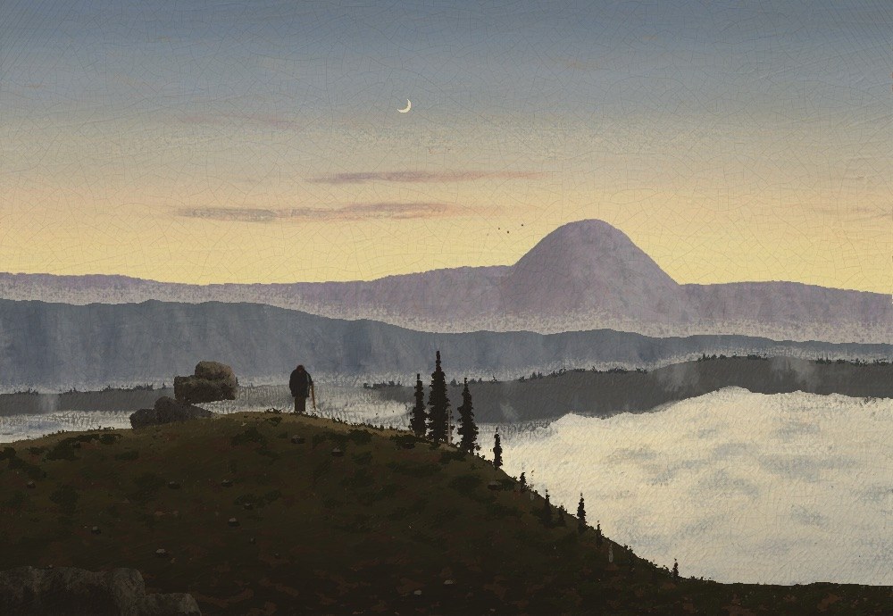 A wanderer by a granite tor above a sea of fog, the Schneekoppe with its chapel, wind-thinned spruces.