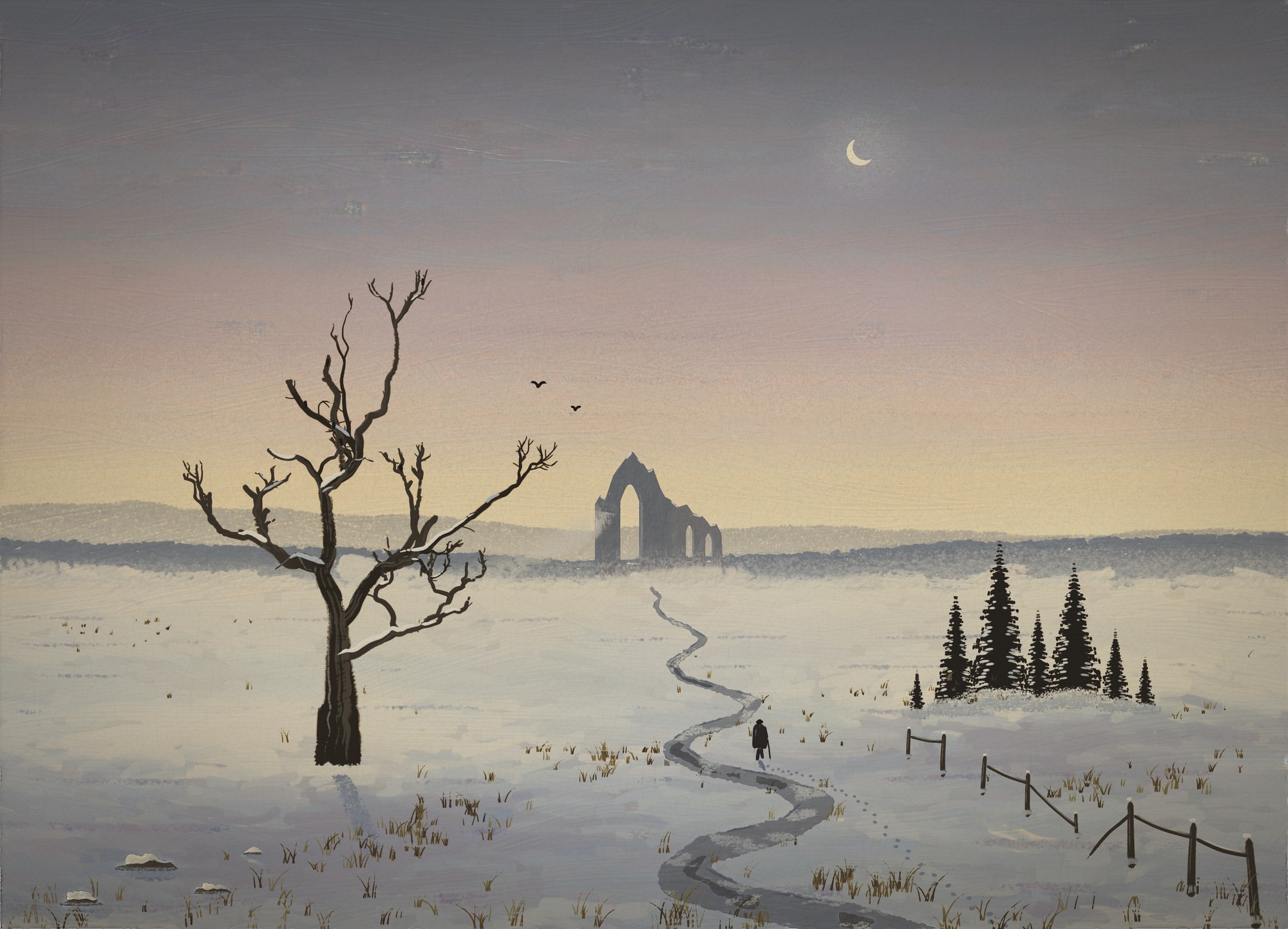 Dusk: a Gothic ruin in mist, a stag-headed oak with snow on its limbs, spruces, a broken fence, a frozen brook and a walker seen from behind.