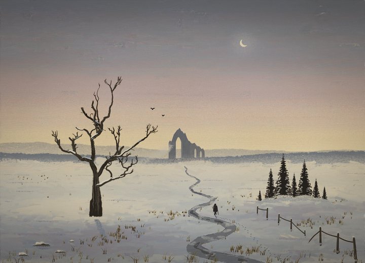 Dusk: a Gothic ruin in mist, a stag-headed oak with snow on its limbs, spruces, a broken fence, a frozen brook and a walker seen from behind.