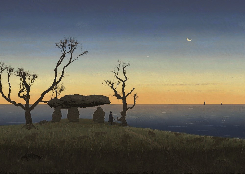 A megalithic grave on a dune after sunset, two bare oaks, a small figure seen from behind, two sails, a crescent moon and the evening star.