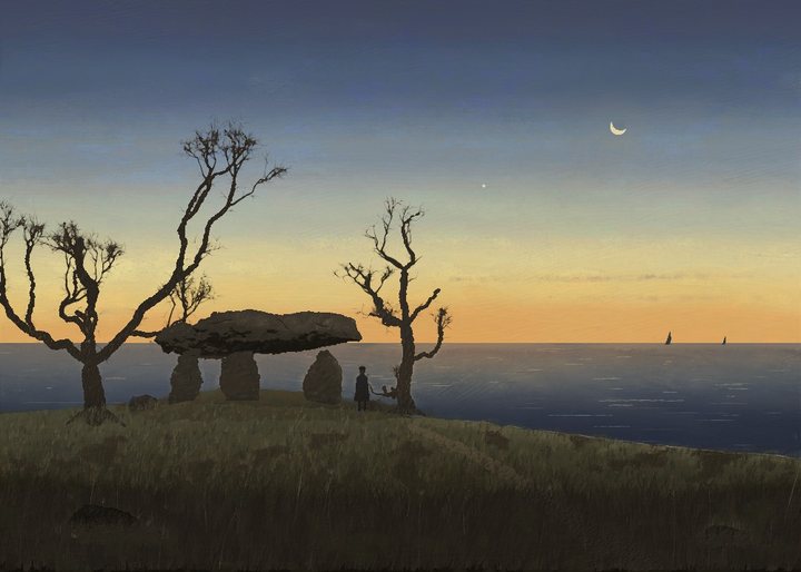 A megalithic grave on a dune after sunset, two bare oaks, a small figure seen from behind, two sails, a crescent moon and the evening star.