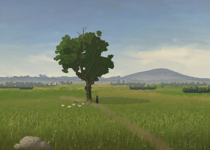 A lone oak in leaf with a dead snag, a shepherd and five sheep, a track, a far church, a pale range, cumulus.