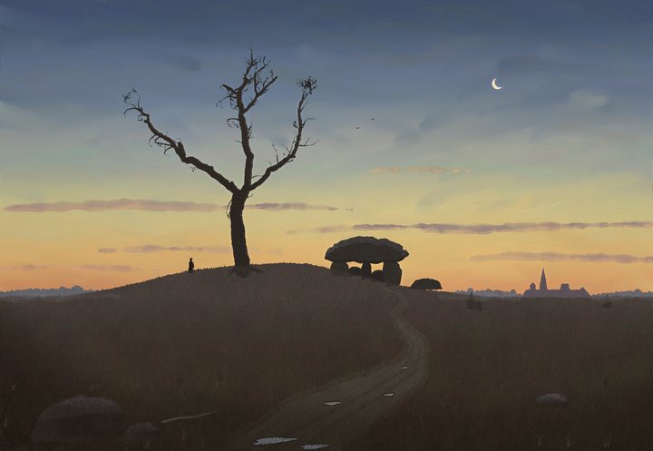 A dead oak and a Hünengrab (megalithic grave) on a heath at evening (from the title).