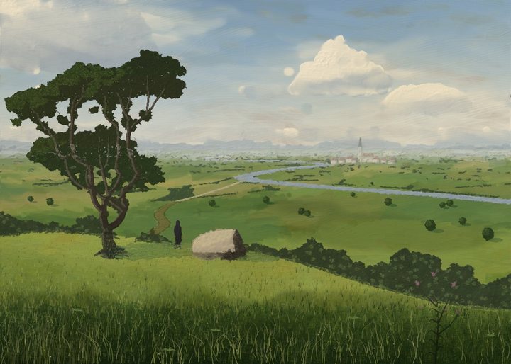 A summer morning above a river valley (from the title; the painter's notes describe it further).