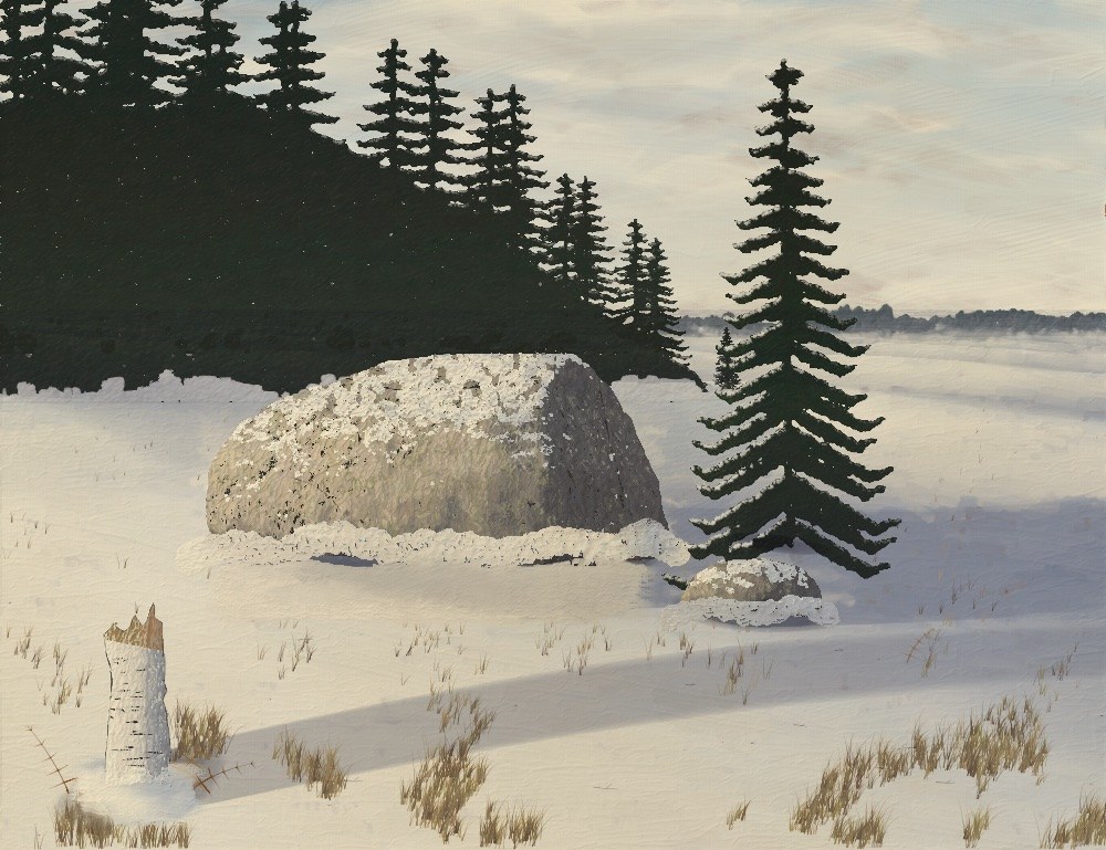 An erratic boulder at the edge of a spruce wood in first snow.