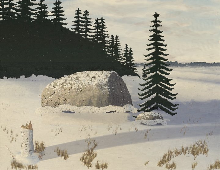An erratic boulder at the edge of a spruce wood in first snow.