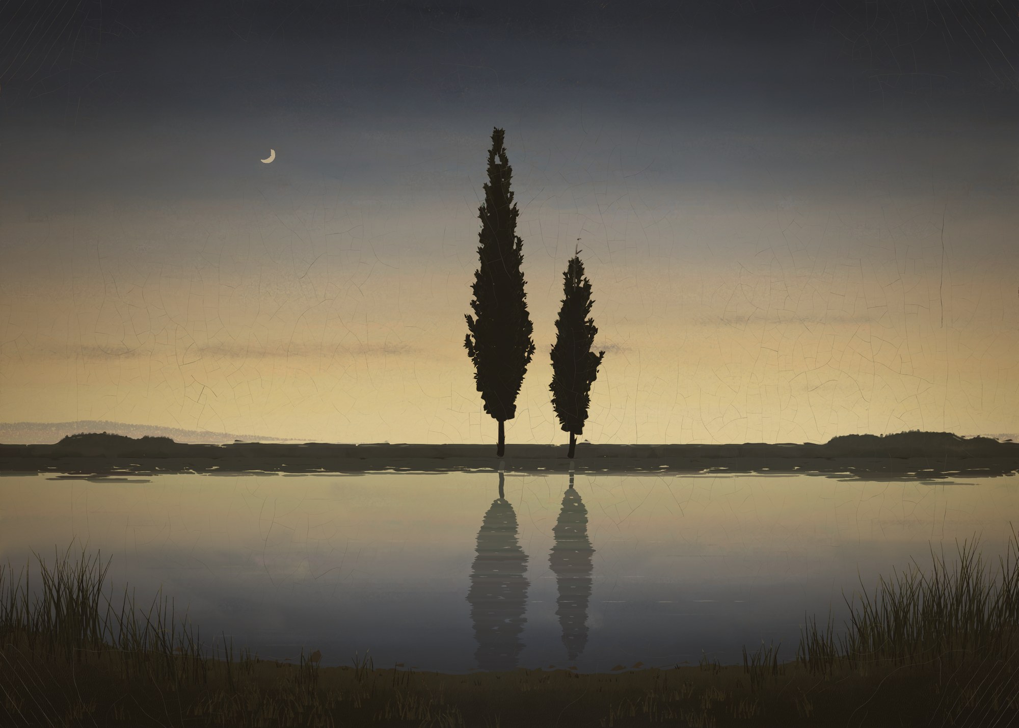 Dusk after sunset over a still pond: two Lombardy poplars on a low far bank near the axis (one whole, one with its top broken off), a young moon high on the left, thin evening clouds and a dark reedy near shore; no figure.