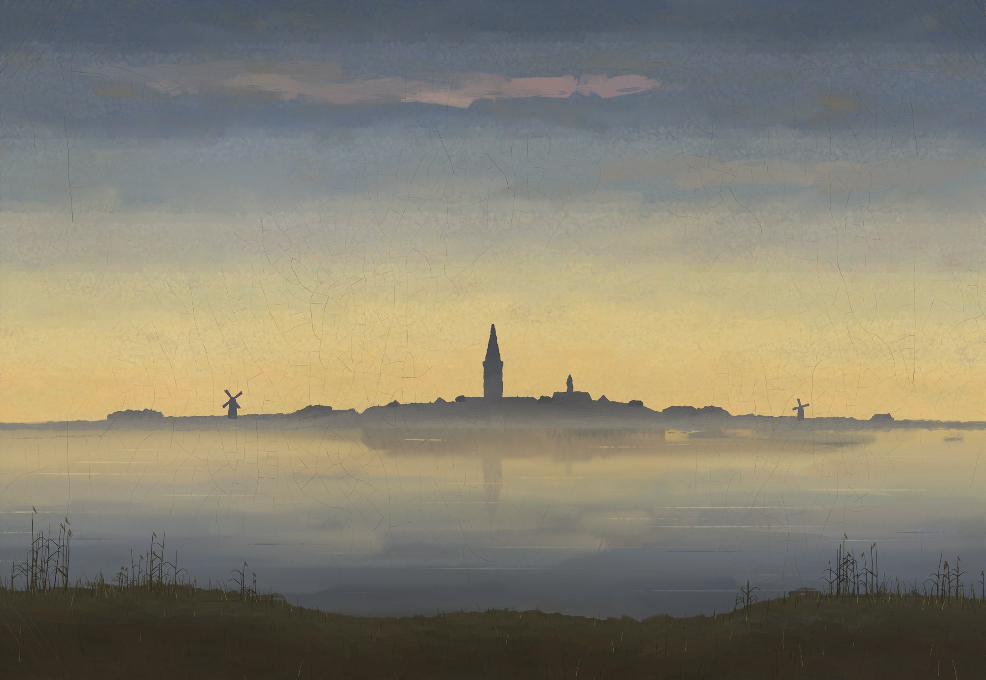 A calm lagoon after sunset, with a small town and Gothic tower on the axis of the far shore, windmills on either side, a glowing sky mirrored in the water and a dark grassy bank with reeds in front; no figure.