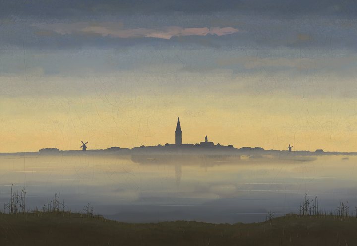 A calm lagoon after sunset, with a small town and Gothic tower on the axis of the far shore, windmills on either side, a glowing sky mirrored in the water and a dark grassy bank with reeds in front; no figure.