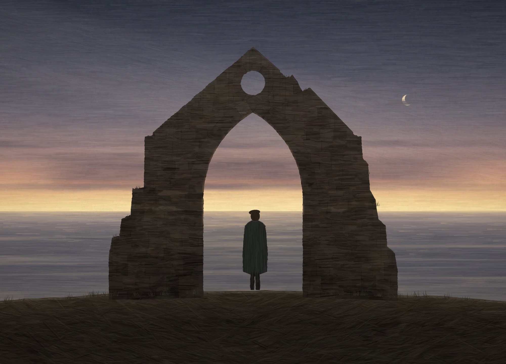 A ruined chapel gable with a pointed arch and a round window stands on the axis on a bare ledge above a calm sea at dusk, a man in a dark coat standing inside the arch with his back to us, a veiled crescent moon on the right.