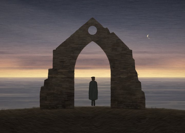 A ruined chapel gable with a pointed arch and a round window stands on the axis on a bare ledge above a calm sea at dusk, a man in a dark coat standing inside the arch with his back to us, a veiled crescent moon on the right.