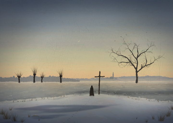 A tall clear evening sky with a thin new moon over a frozen pond, a far bank with pollard willows, a bare oak and a church spire in the haze, and in front a woman in a dark cloak with her back to us beside a leaning wooden cross in the snow.