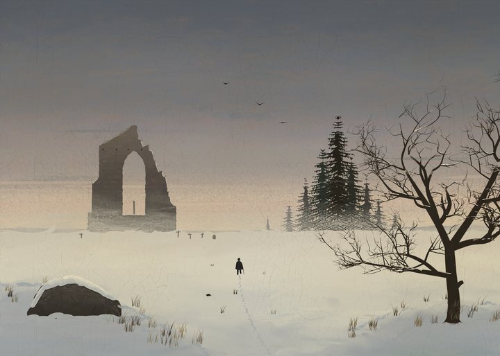 A snowed-over field at the end of a winter afternoon, with the ruined gable of a Gothic choir in the mist on the left, spruces on the right, a bare oak and a snow-capped boulder in front, and one traveler walking away from us toward the ruin.