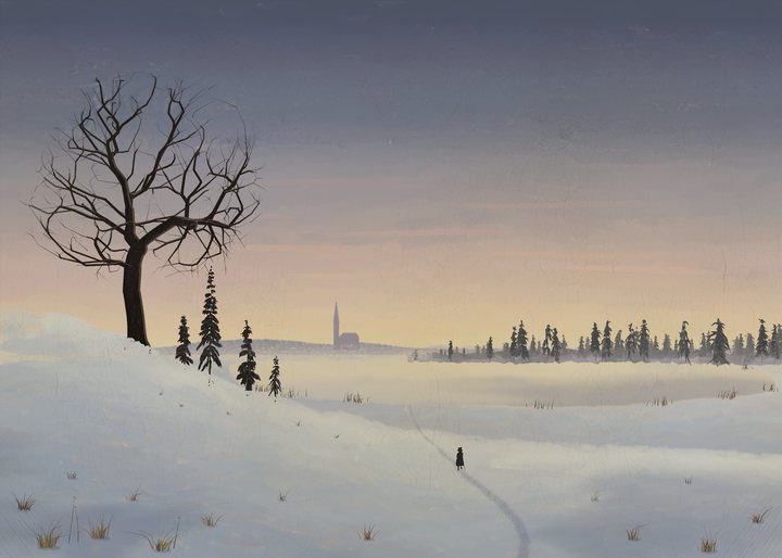 A winter dawn under a tall violet-to-straw sky: a snow bank with a dead oak and young firs on the left, a frozen pond, a misty fir wood and a village spire on the far shore, and one small figure walking a trodden path toward the church.