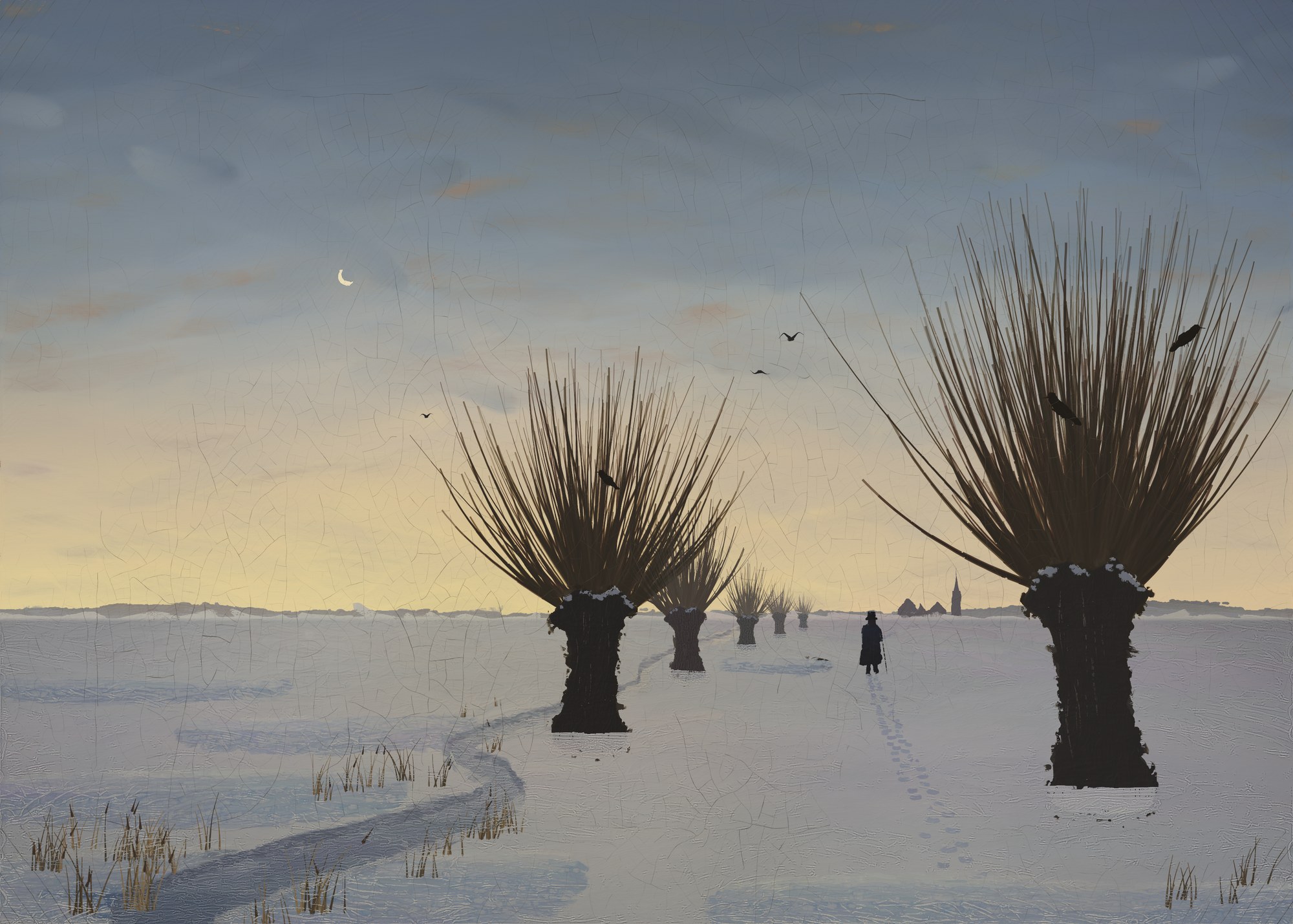 A flat snowy lowland just after sunset: a frozen brook winds past a row of pollard willows shrinking toward a far village and its church spire, a man walks toward the church and a thin crescent moon hangs over the afterglow.