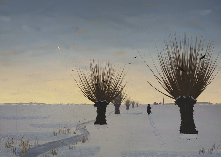 A flat snowy lowland just after sunset: a frozen brook winds past a row of pollard willows shrinking toward a far village and its church spire, a man walks toward the church and a thin crescent moon hangs over the afterglow.