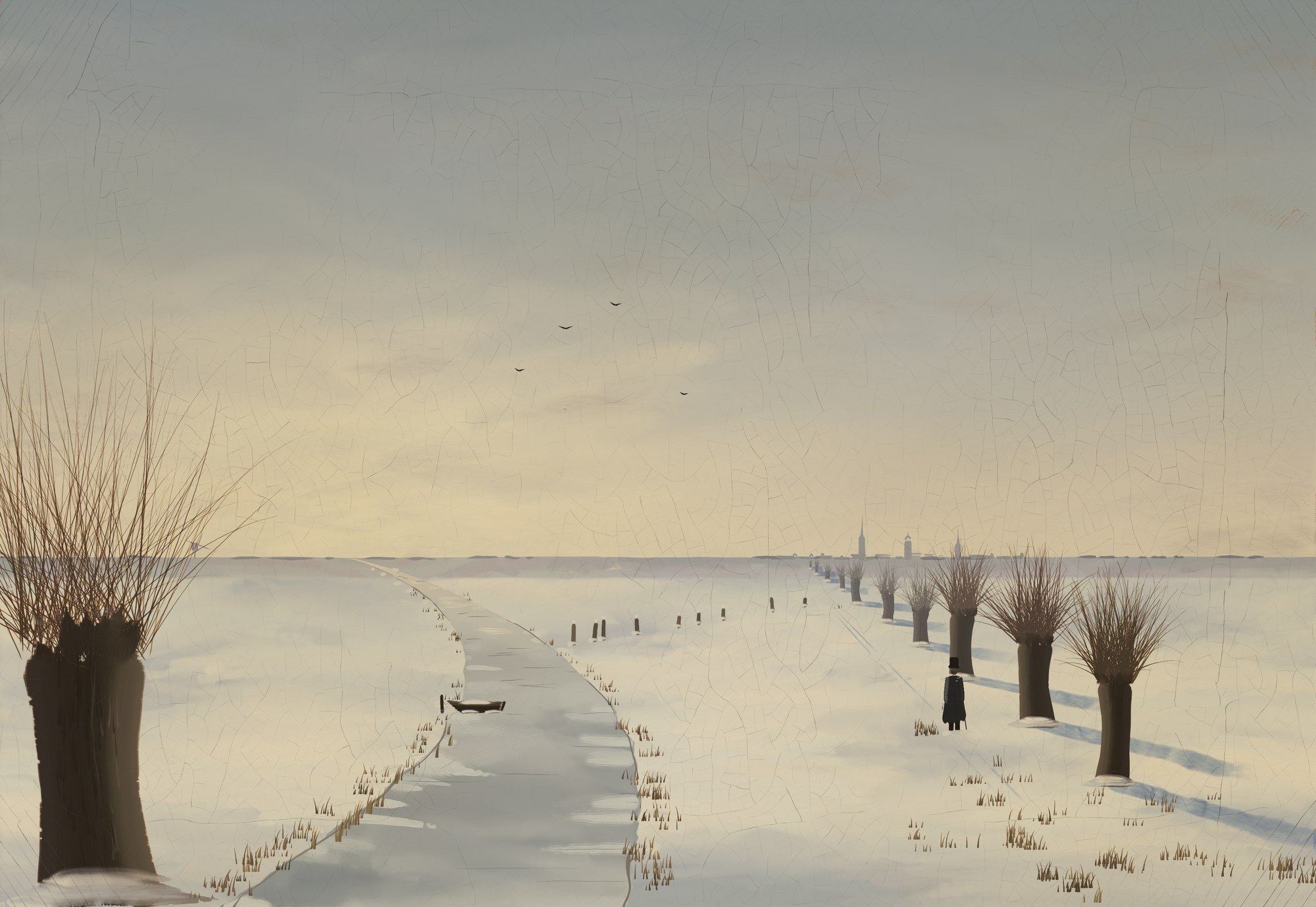 A still, veiled winter morning below Greifswald: the frozen Ryck winds toward us from under a low hazy sun, pollard willows line a path to the town's three towers, and a man in a greatcoat walks along it, with a big split willow framing the left edge.