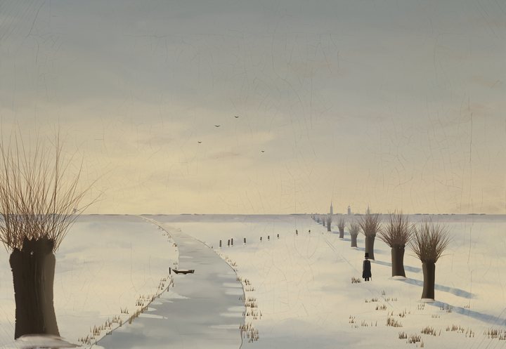 A still, veiled winter morning below Greifswald: the frozen Ryck winds toward us from under a low hazy sun, pollard willows line a path to the town's three towers, and a man in a greatcoat walks along it, with a big split willow framing the left edge.