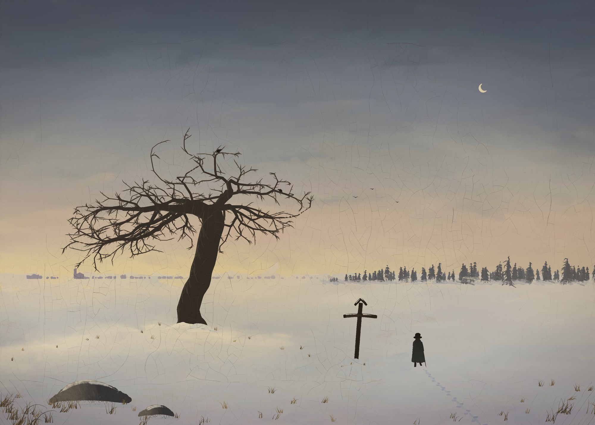 A winter evening just after sunset: an old dead oak on a snow mound against a lemon-rose glow, a leaning wooden wayside cross half buried in snow, and a lone walker seen from behind going toward it, with a far fir wood and a young moon.