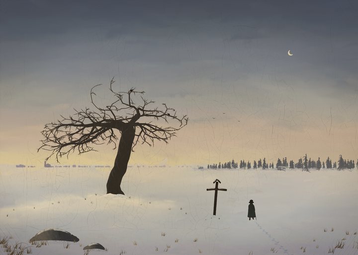 A winter evening just after sunset: an old dead oak on a snow mound against a lemon-rose glow, a leaning wooden wayside cross half buried in snow, and a lone walker seen from behind going toward it, with a far fir wood and a young moon.