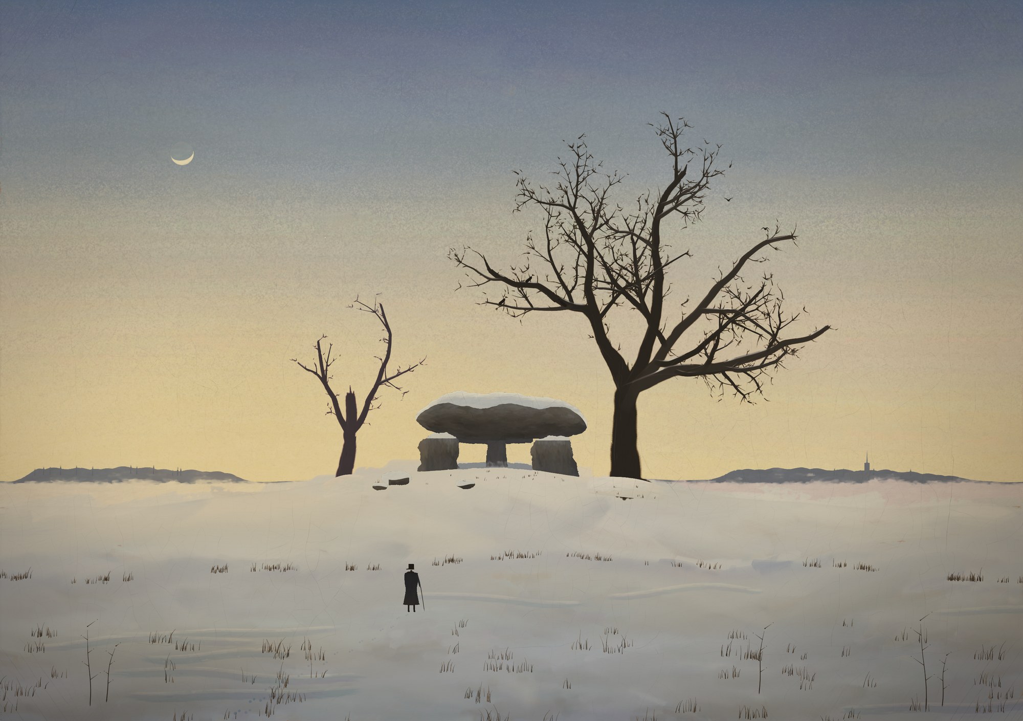 A winter evening after sunset on flat land: a passage grave on a snowy rise with a great bare oak beside it and a broken oak behind, a crescent moon and evening star above, and a lone man in a dark coat standing in the snow with his back to us.