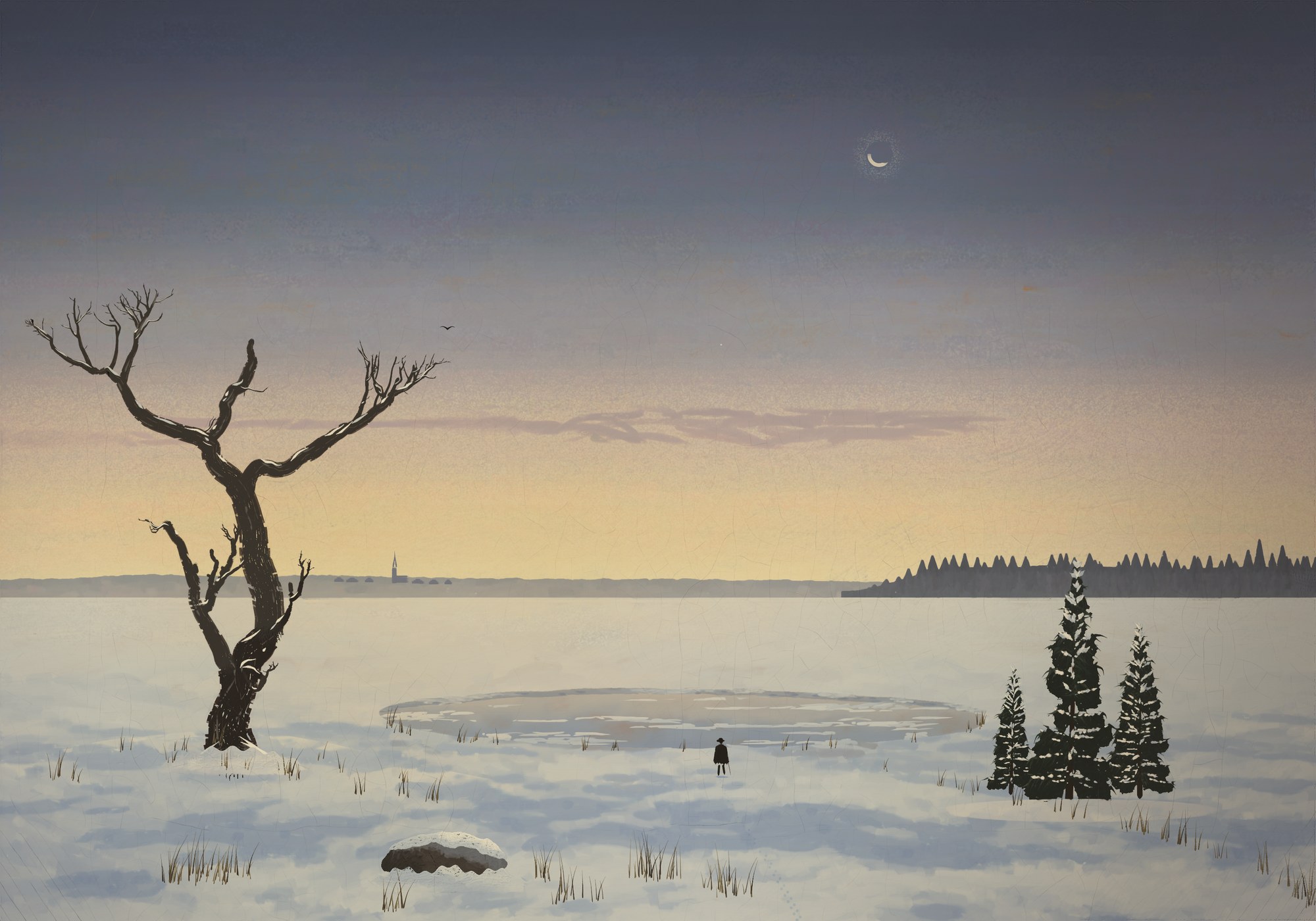 A flat snowfield under a winter afterglow: a stag-headed oak black against the glow on the left, three snow-laden young spruces on the right, a frozen pond between them and a small man walking the path toward a far church spire.