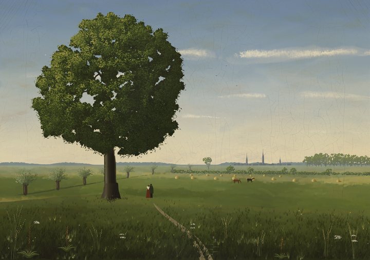 Flat summer meadows under a high sky with a single lime tree in full leaf on a low rise, two small figures seen from behind looking across the plain to a far town with church spires, with willows, haycocks and grazing horses in between.