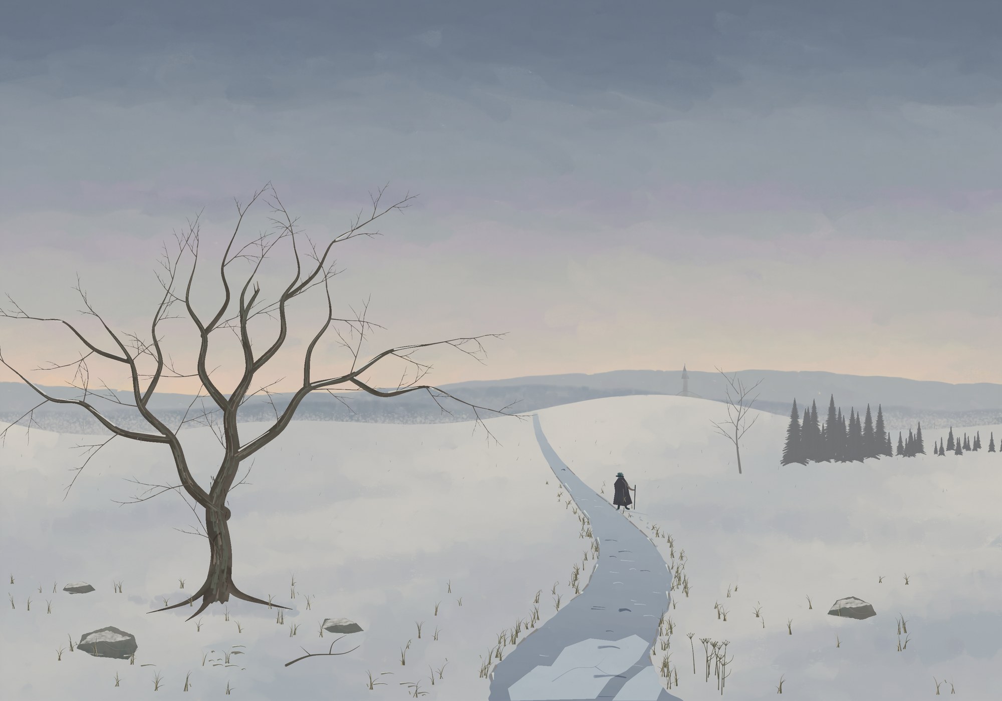 A cold valley before sunrise: a frozen stream bends toward a pale eastern sky, an old leafless oak stands on the left bank, a small traveler has stopped on the right, and a tiny church sits on the distant ridge.
