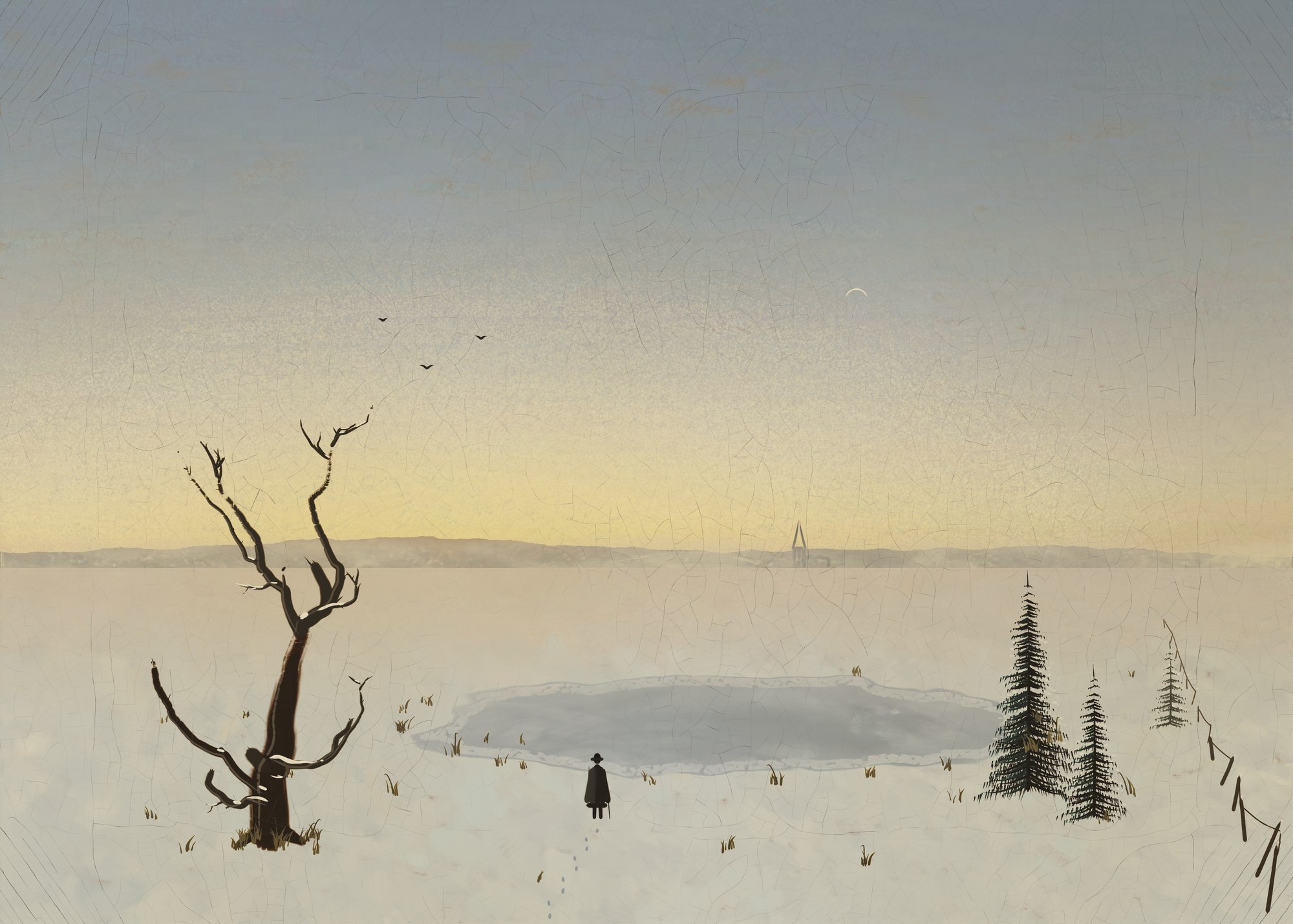 A frozen marsh half an hour after a winter sunset: a dead stag-headed oak with snow on its limbs leans in from the left, spruces and a broken fence stand on the right, and a wanderer seen from behind has stopped before a frozen pool to look toward a village spire in the mist.