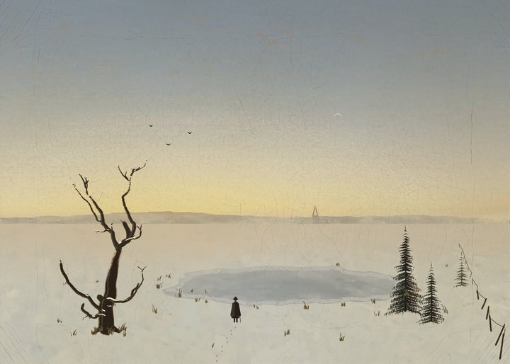 A frozen marsh half an hour after a winter sunset: a dead stag-headed oak with snow on its limbs leans in from the left, spruces and a broken fence stand on the right, and a wanderer seen from behind has stopped before a frozen pool to look toward a village spire in the mist.