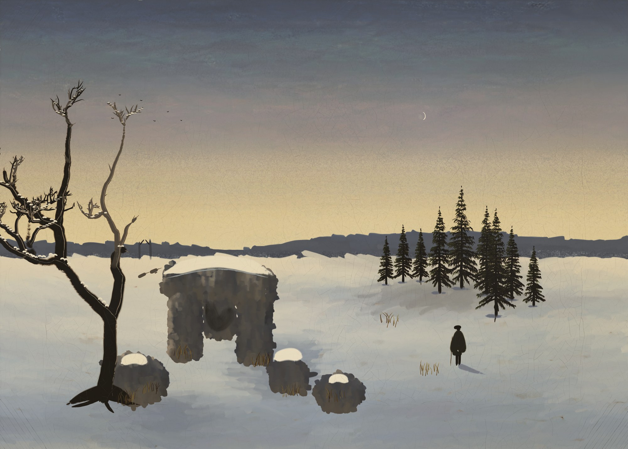 A snowy twilight with a megalithic tomb and a gnarled bare oak in front, slender spruces, distant ridges and mist, and a solitary wanderer seen from behind contemplating the stones under a faint crescent moon.
