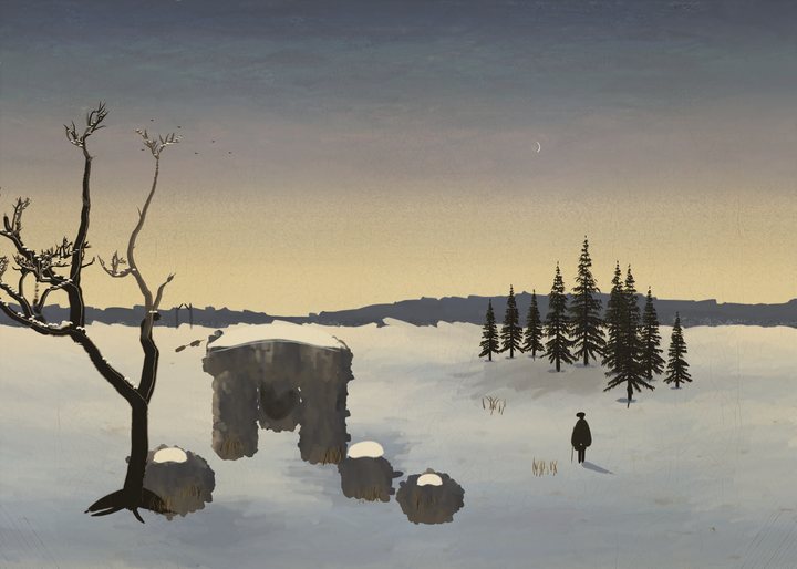 A snowy twilight with a megalithic tomb and a gnarled bare oak in front, slender spruces, distant ridges and mist, and a solitary wanderer seen from behind contemplating the stones under a faint crescent moon.