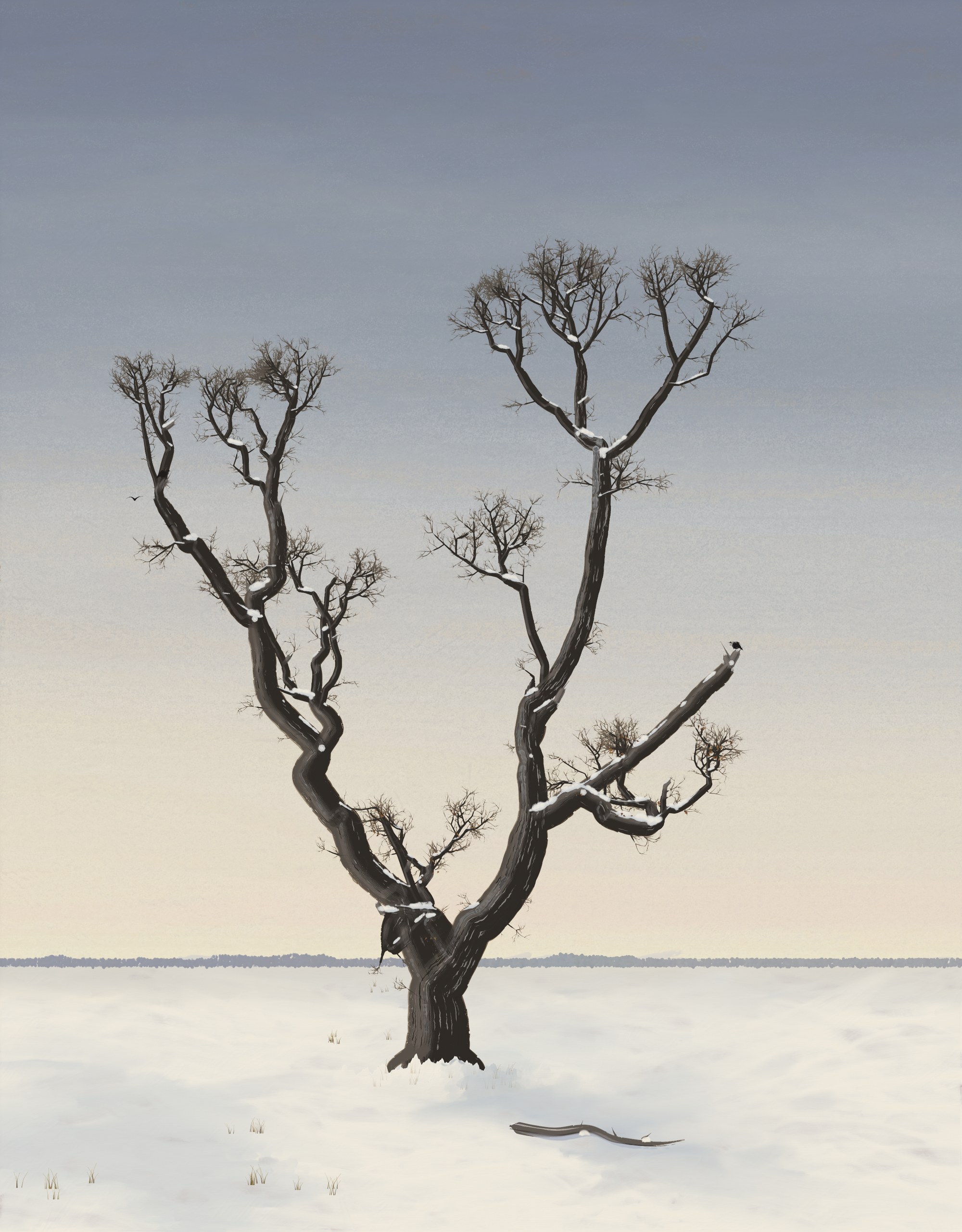 An old, crooked, stag-headed oak with a broken dead limb stands alone in a snow field under a pale veiled winter sky, with crows on its dead ends and a thin band of distant woods on a low horizon.