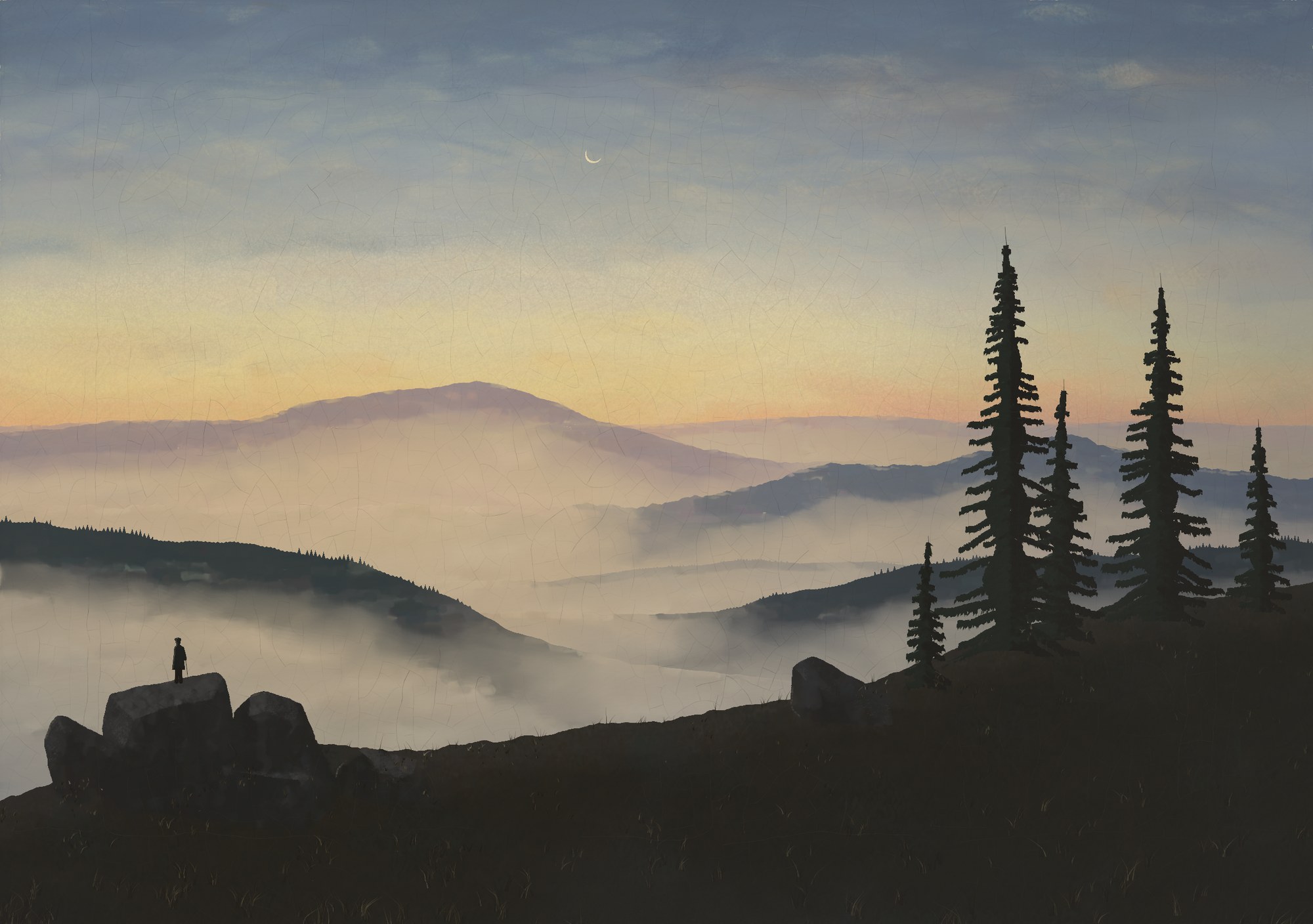From a granite summit before sunrise, a small man seen from behind stands on the highest rock facing the glow over mountain ranges that recede through a sea of mist, with spruces on the right and a thin old moon above.