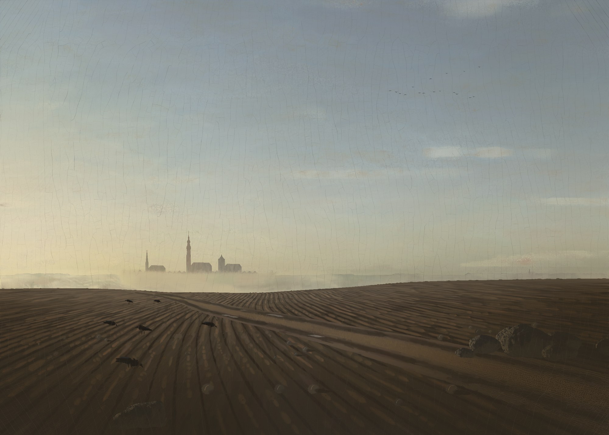 A ploughed field with crows and a heap of field stones rises to a low crest, and beyond it the towers of a small Baltic town stand in morning mist, with a cart track winding up toward them.