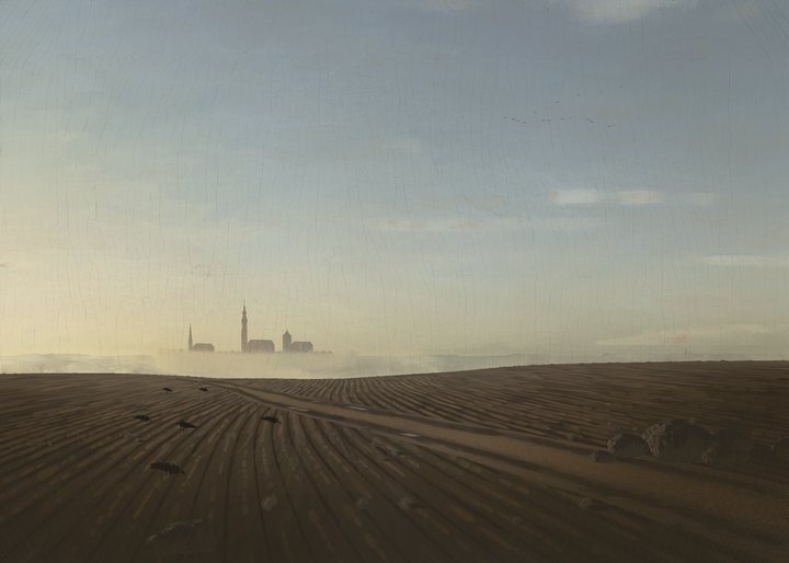 A ploughed field with crows and a heap of field stones rises to a low crest, and beyond it the towers of a small Baltic town stand in morning mist, with a cart track winding up toward them.