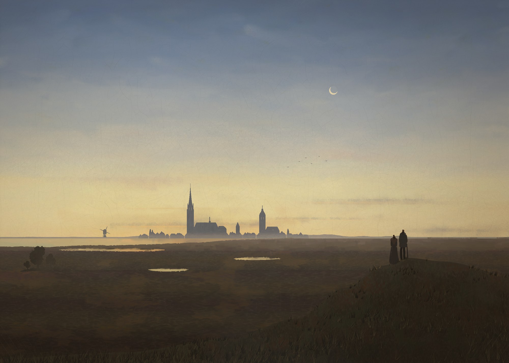 Just after sunset, a small town stands as a silhouette on the far edge of a flat, marshy coastal plain by a lagoon, while two small figures seen from behind watch from a dark rise under a thin crescent moon.