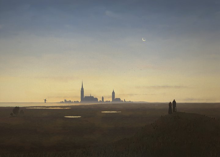 Just after sunset, a small town stands as a silhouette on the far edge of a flat, marshy coastal plain by a lagoon, while two small figures seen from behind watch from a dark rise under a thin crescent moon.