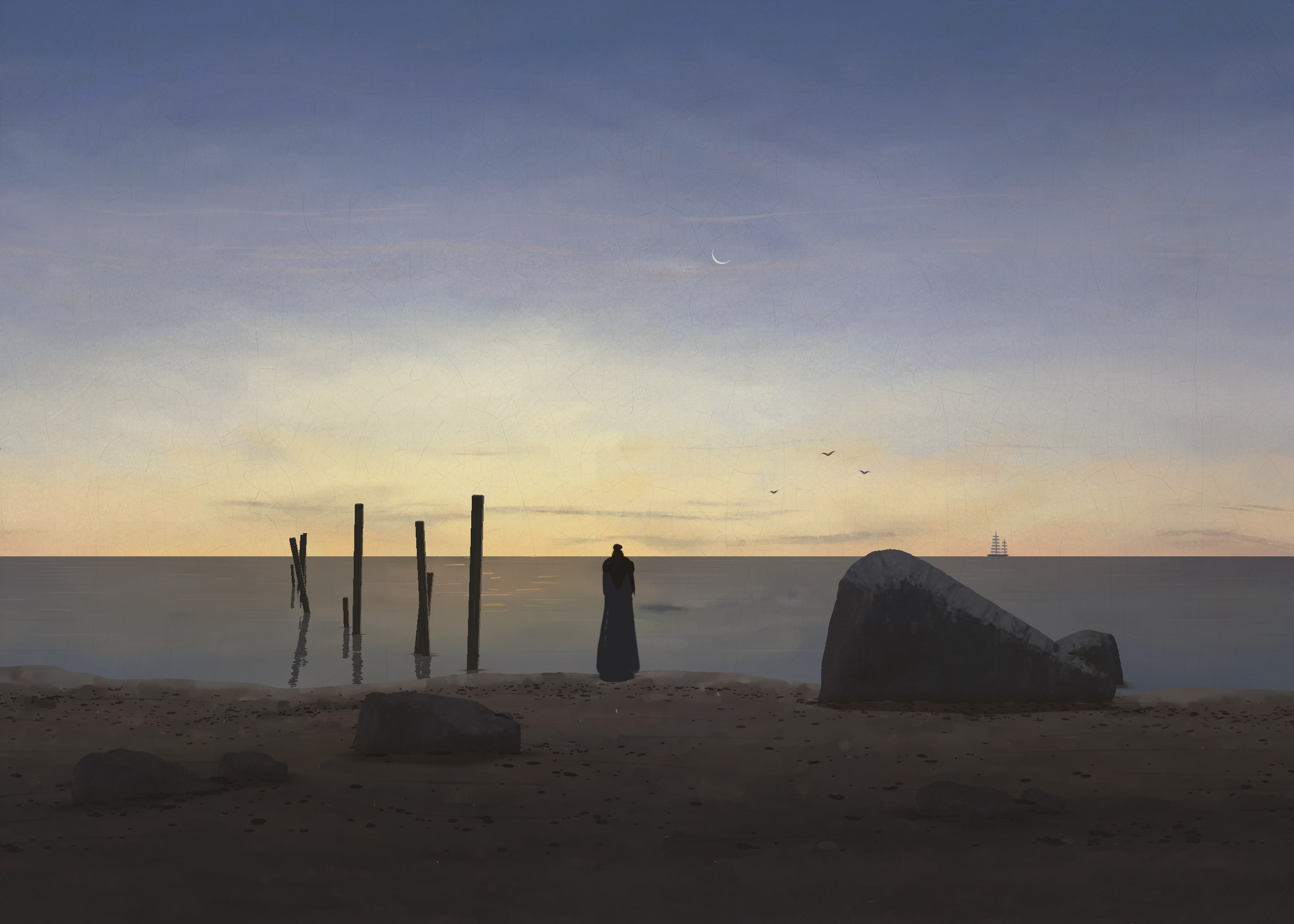 After sunset on a stony Rügen beach, a woman in a dark gown stands at the water's edge between a line of fishermen's stakes and a granite erratic, looking toward the afterglow under a thin young moon.