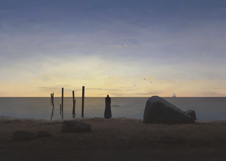 After sunset on a stony Rügen beach, a woman in a dark gown stands at the water's edge between a line of fishermen's stakes and a granite erratic, looking toward the afterglow under a thin young moon.