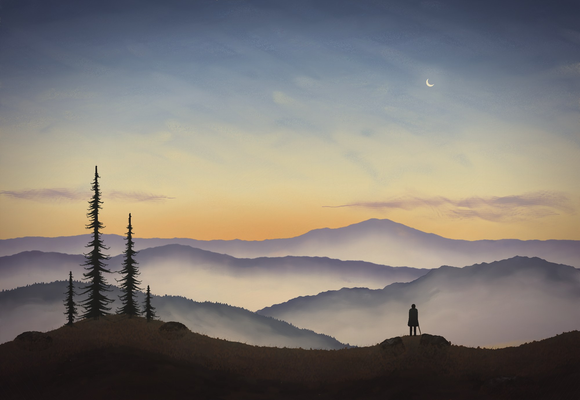 A few minutes after sunset in late October, a small figure with a staff stands on a dark heath knoll with two tall spruces, looking over a mist-filled valley where four ranges recede toward the afterglow under a thin crescent moon.