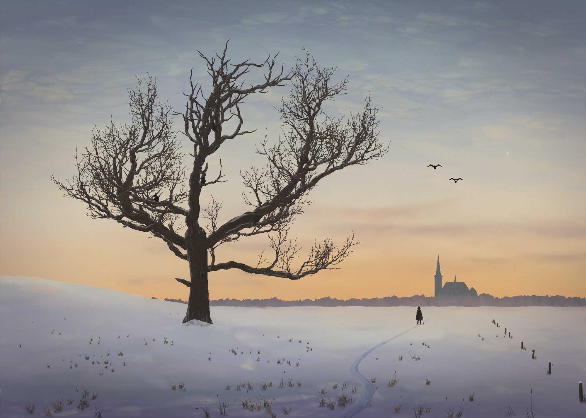 On a winter evening after sunset, an old stag-headed oak with crows in it stands on a snowy rise at the left, while a lone walker follows a trodden path across the snow plain toward a Gothic church on the horizon under the evening star.